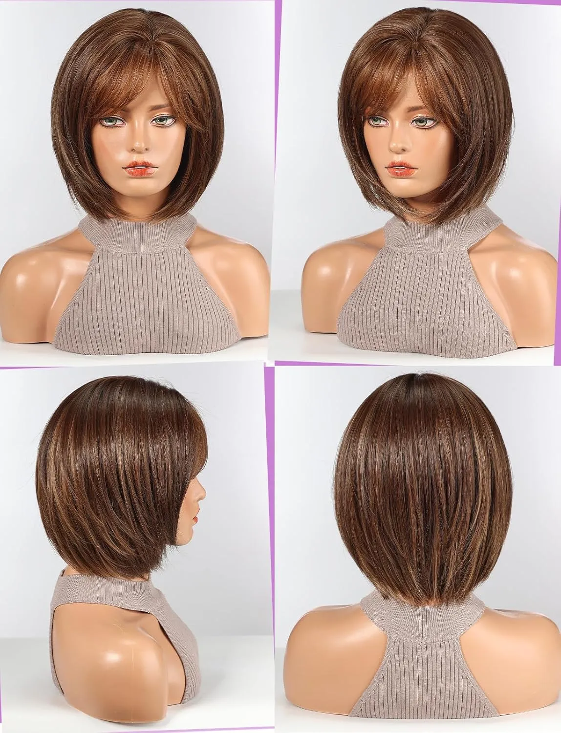 HAIRCUBE Bob Wigs for Women Synthetic Wig with Fringe Brown Color