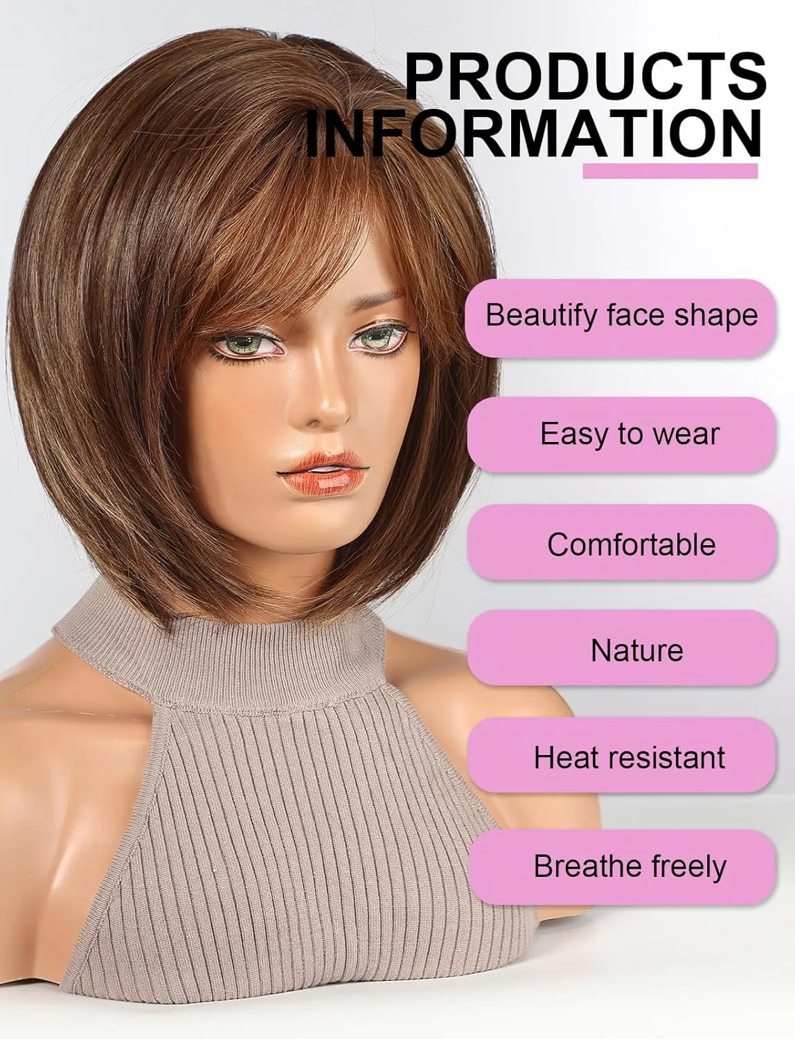 HAIRCUBE Bob Wigs for Women Synthetic Wig with Fringe Brown Color