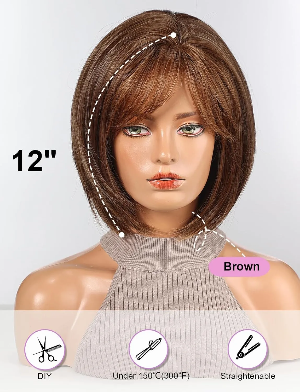 HAIRCUBE Bob Wigs for Women Synthetic Wig with Fringe Brown Color