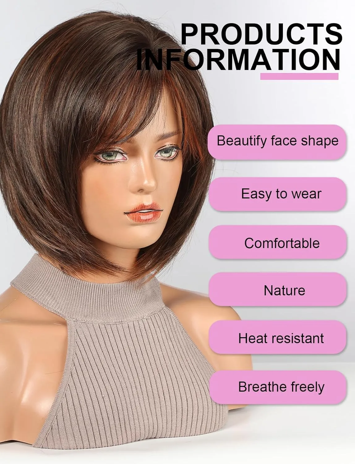 HAIRCUBE Bob Wigs for Women Synthetic Wig with Fringe Brown with highlight Color