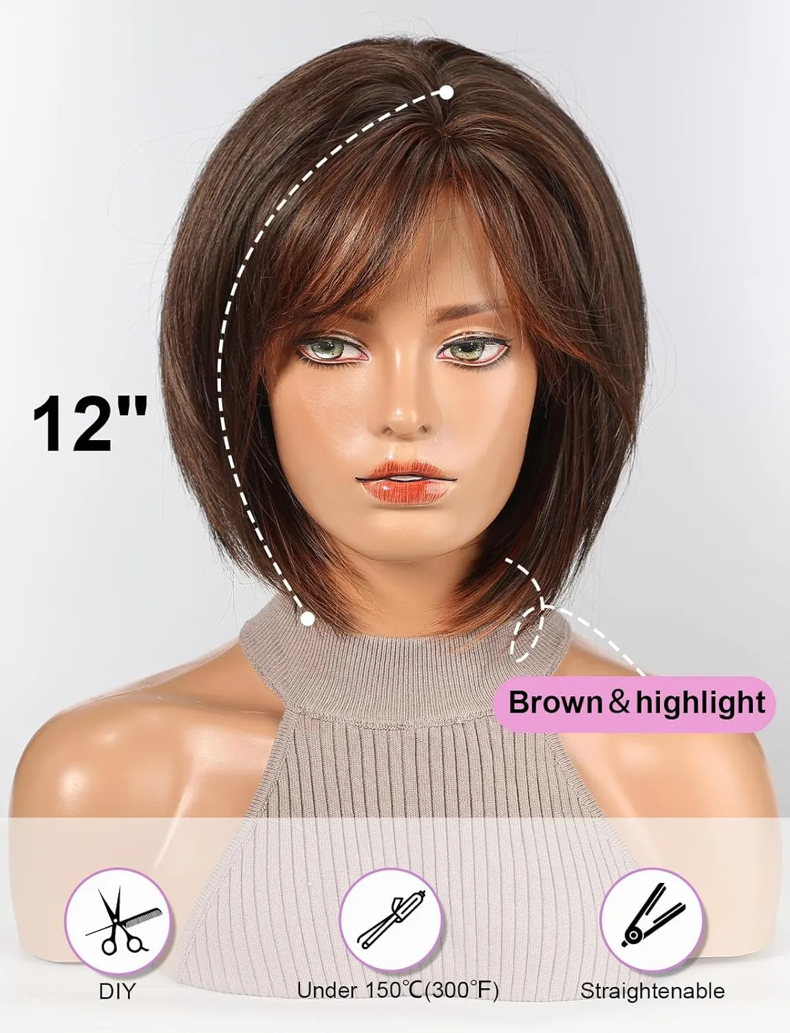 HAIRCUBE Bob Wigs for Women Synthetic Wig with Fringe Brown with highlight Color