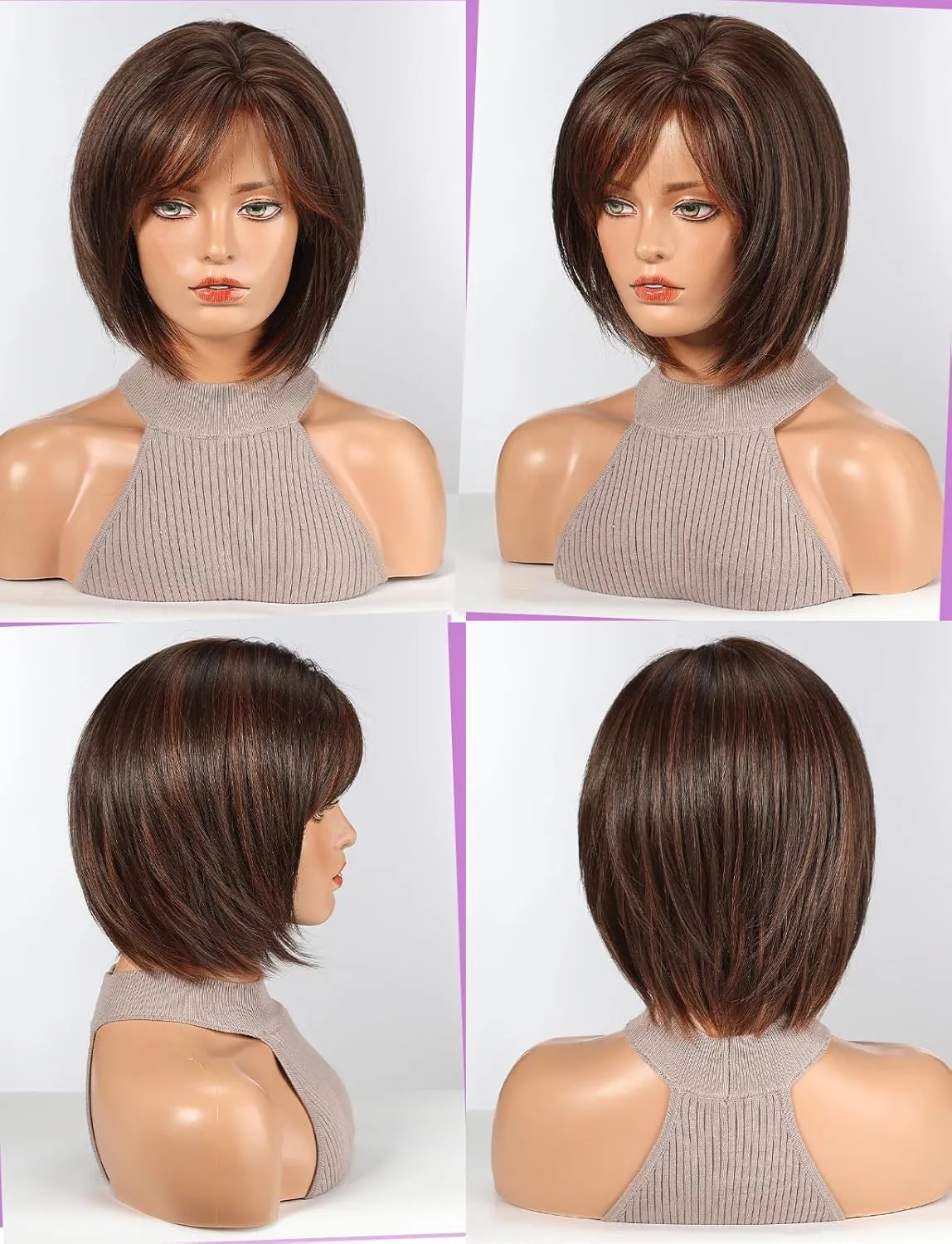 HAIRCUBE Bob Wigs for Women Synthetic Wig with Fringe Brown with highlight Color