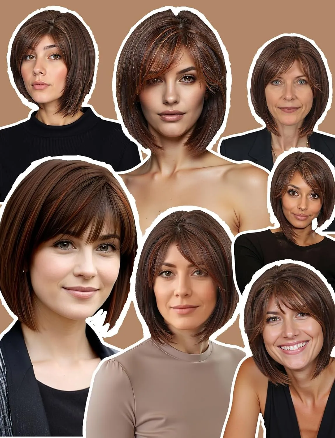 HAIRCUBE Bob Wigs for Women Synthetic Wig with Fringe Brown with highlight Color