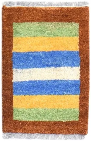 Hand Knotted Multi Color Wool Rug 1X2 Southwestern Gabbeh Striped Small Carpet