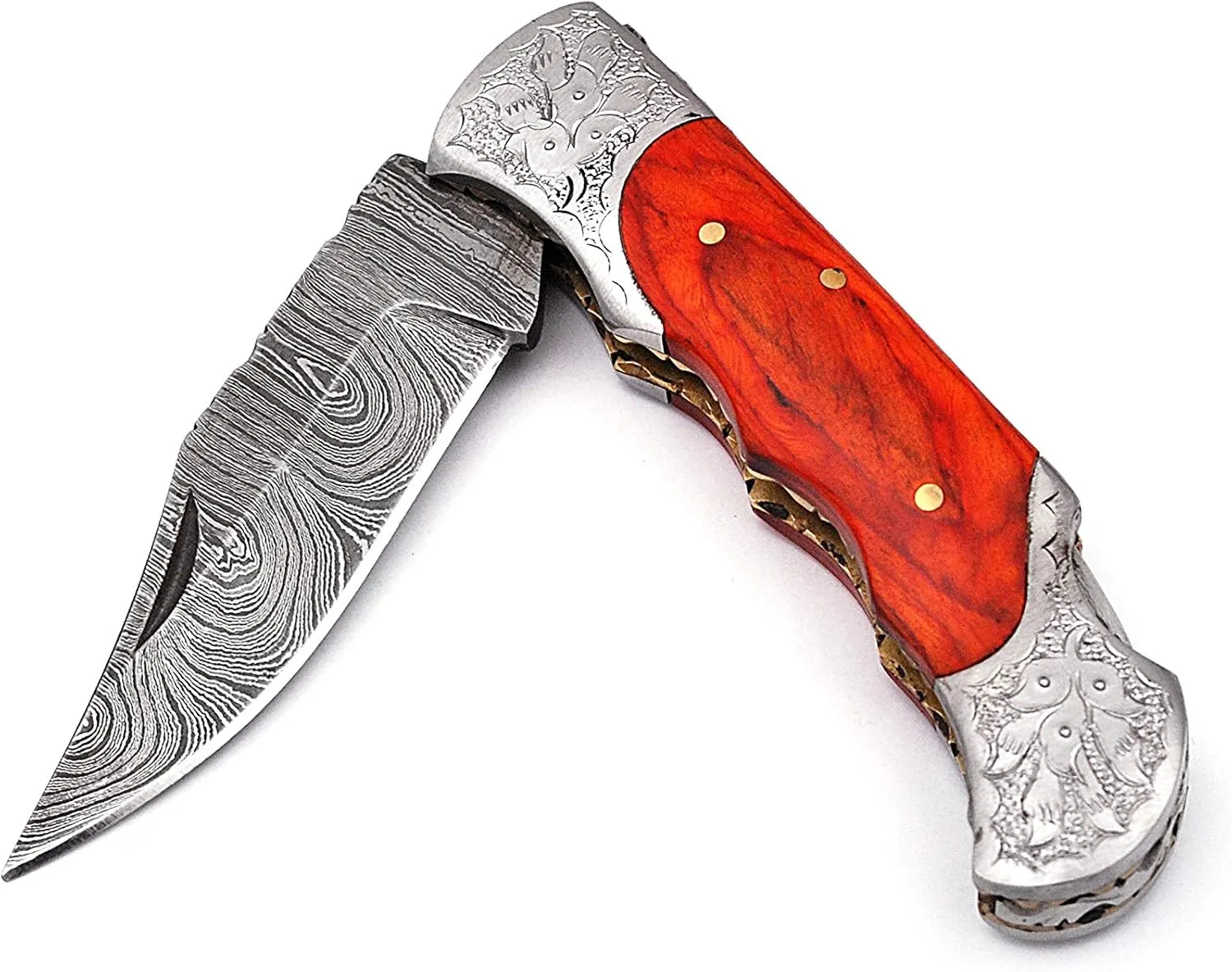 Hand made Damascus steel blade Pocket knife with leather sheath 5170 Orange, knives for men best gift (Orange)