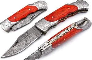 Hand made Damascus steel blade Pocket knife with leather sheath 5170 Orange, knives for men best gift (Orange)