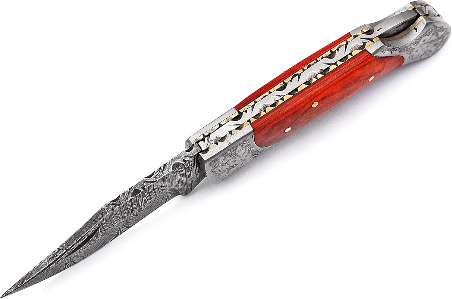 Hand made Damascus steel blade Pocket knife with leather sheath 5170 Orange, knives for men best gift (Orange)
