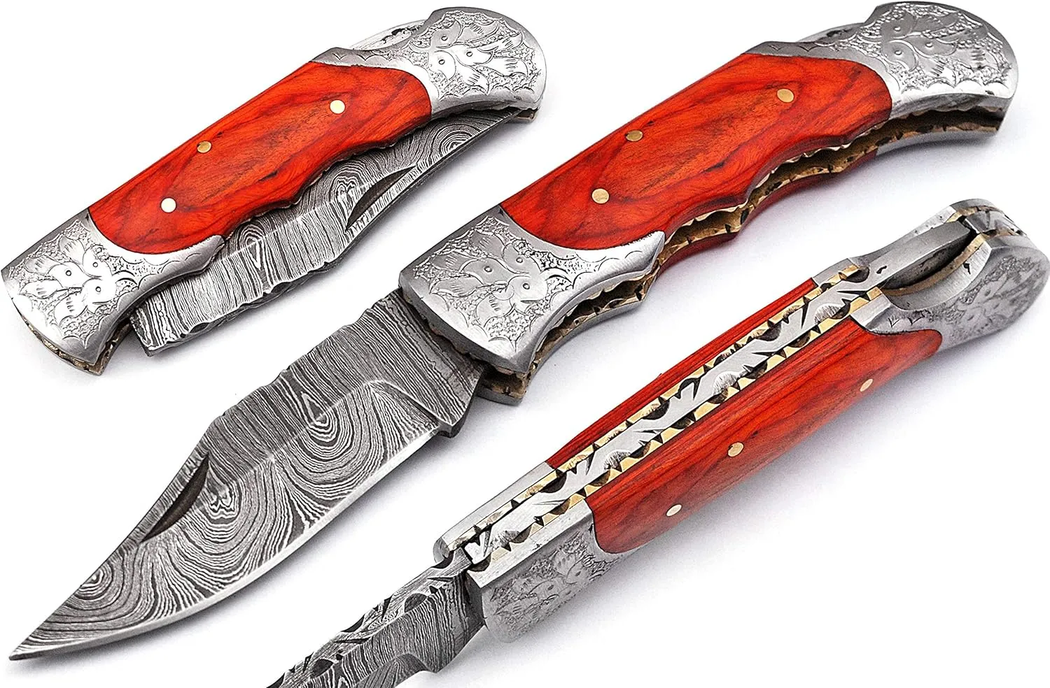 Hand made Damascus steel blade Pocket knife with leather sheath 5170 Orange, knives for men best gift (Orange)