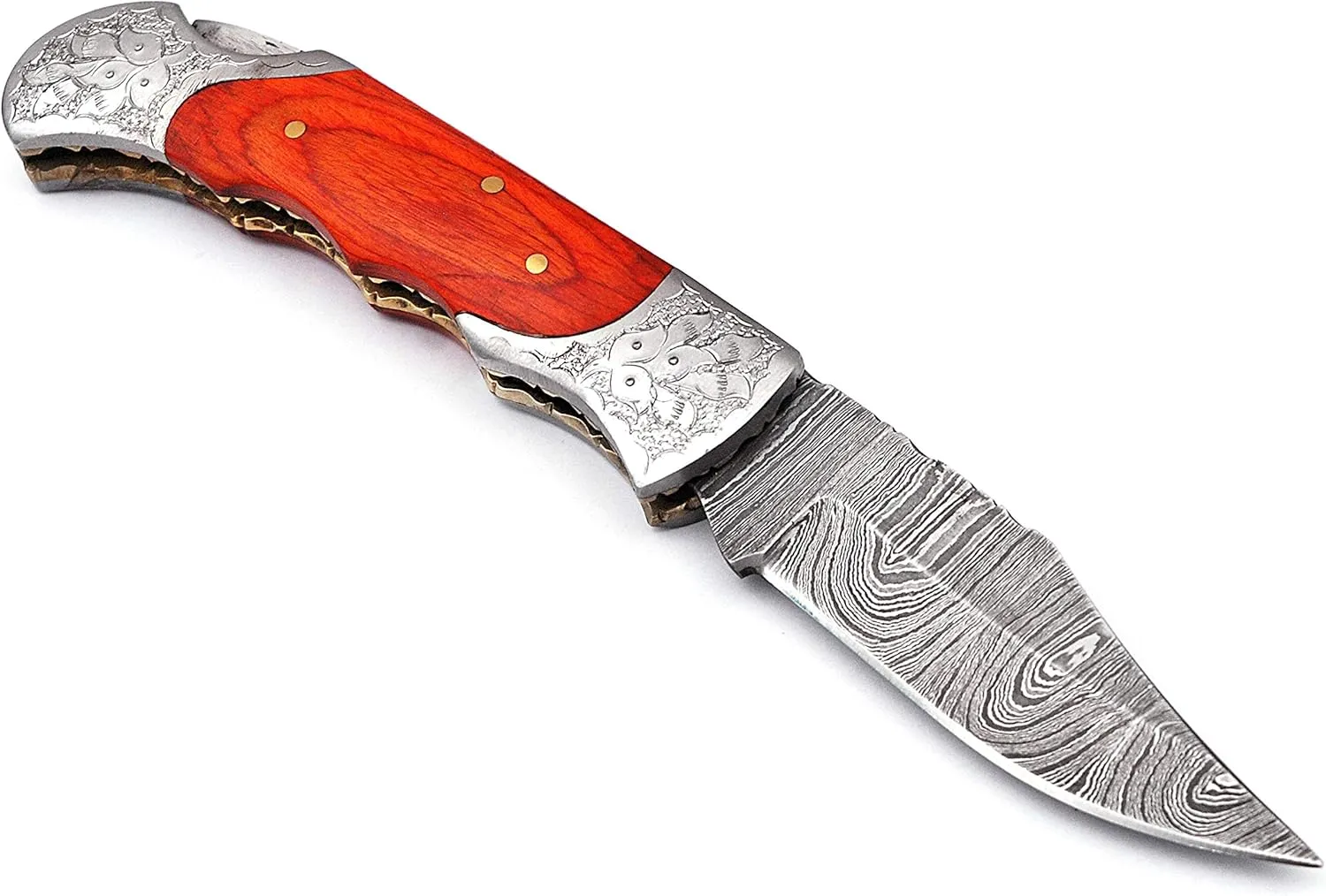 Hand made Damascus steel blade Pocket knife with leather sheath 5170 Orange, knives for men best gift (Orange)