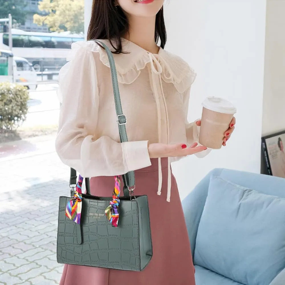 Handbag for Women Leather Top Handle Handbag Ribbon Handle Handbag with 2 Long Shoulder Straps