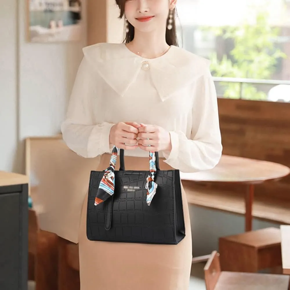 Handbag for Women Leather Top Handle Handbag Ribbon Handle Handbag with 2 Long Shoulder Straps