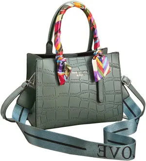 Handbag for Women Leather Top Handle Handbag Ribbon Handle Handbag with 2 Long Shoulder Straps