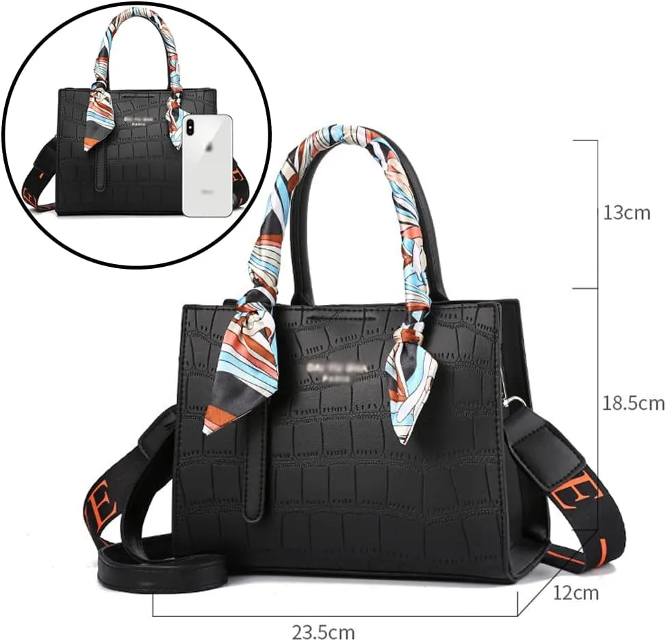 Handbag for Women Leather Top Handle Handbag Ribbon Handle Handbag with 2 Long Shoulder Straps