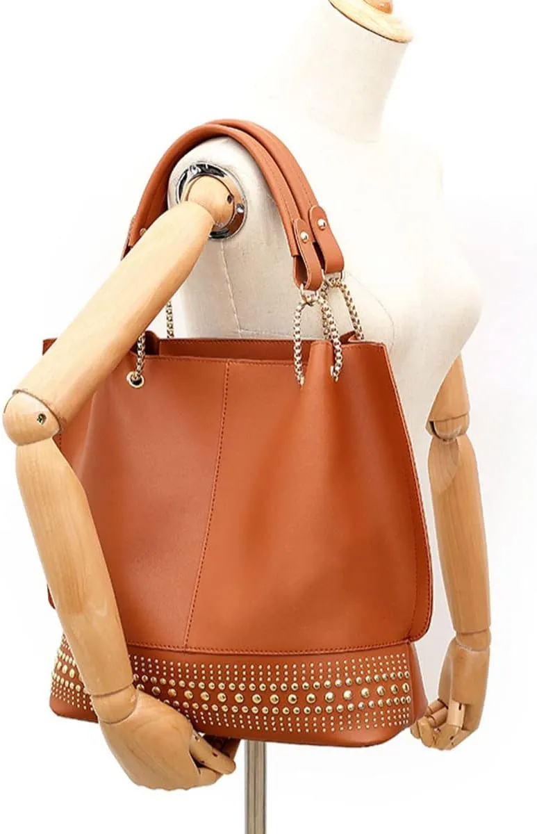 Handbags for Women Fashion Tote Bags Rivet Shoulder Bag Top Handle Satchel Purse Set 3pcs Grey