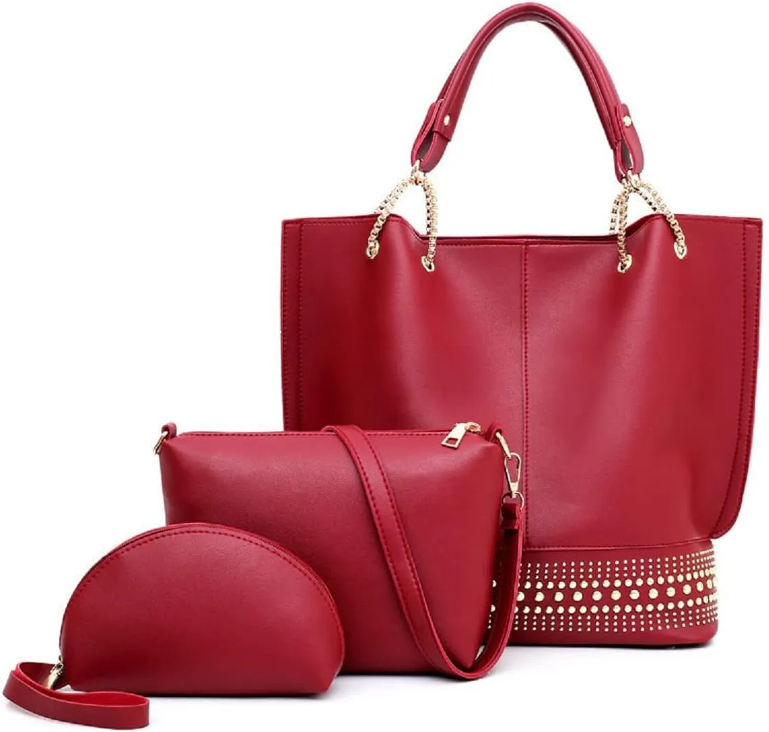 Handbags for Women Fashion Tote Bags Rivet Shoulder Bag Top Handle Satchel Purse Set 3pcs Grey