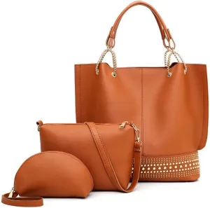 Handbags for Women Fashion Tote Bags Rivet Shoulder Bag Top Handle Satchel Purse Set 3pcs Grey