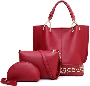 Handbags for Women Fashion Tote Bags Rivet Shoulder Bag Top Handle Satchel Purse Set 3pcs Grey