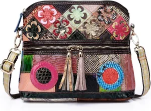 Handmade Cowhide Multi-color Block Random Stitching Unique Style Women's Bag - Crossbody, Shoulder and Handheld