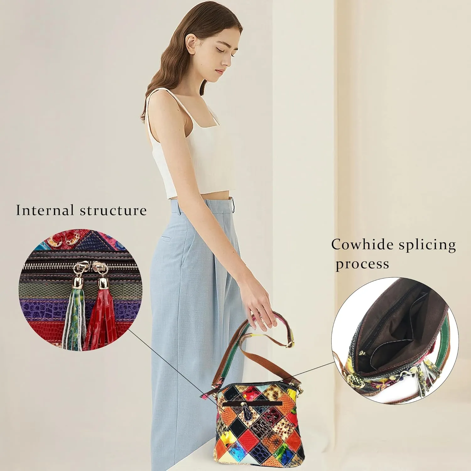 Handmade Cowhide Multi-color Block Random Stitching Unique Style Women's Bag - Crossbody, Shoulder and Handheld