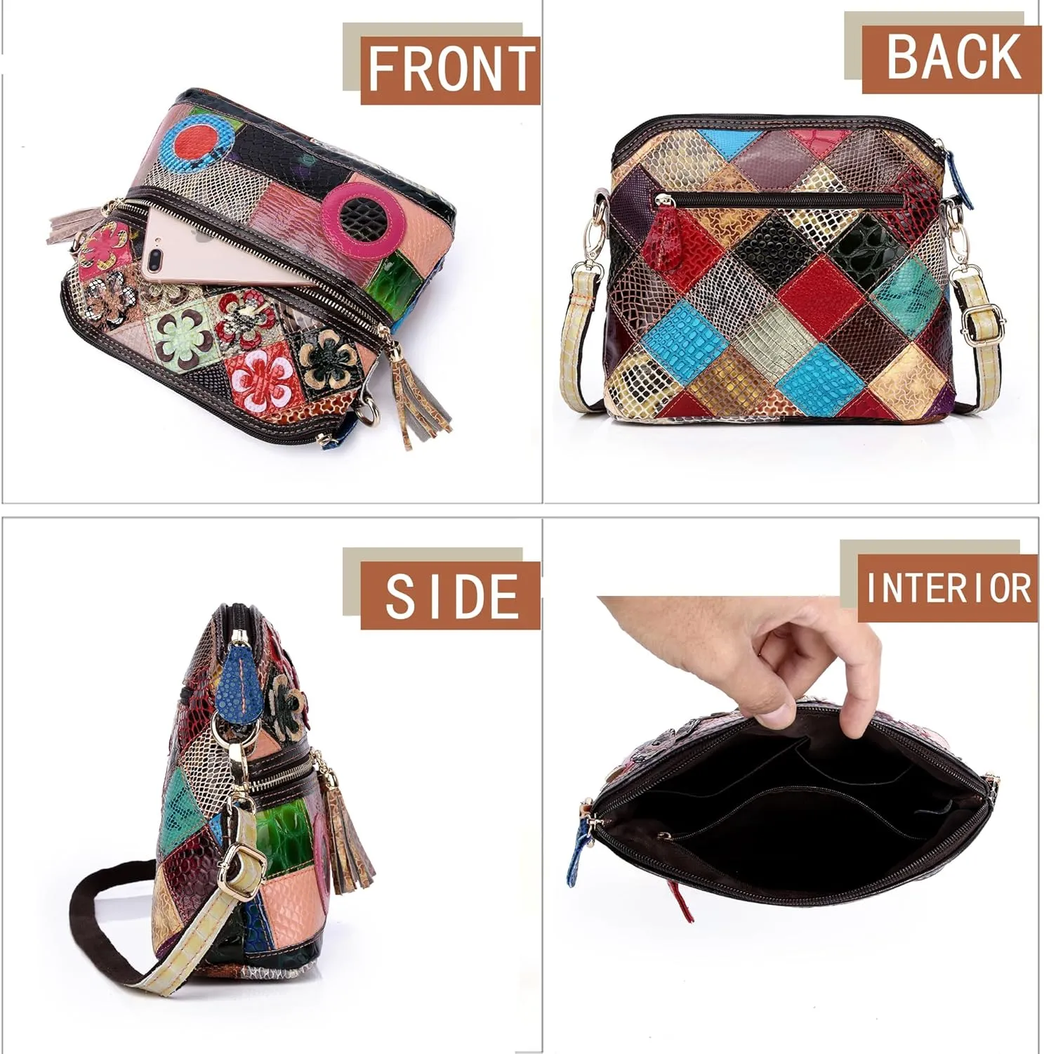 Handmade Cowhide Multi-color Block Random Stitching Unique Style Women's Bag - Crossbody, Shoulder and Handheld