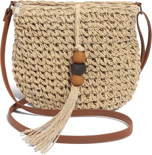Handwoven Straw Bag for Women Vacation, Boho Beach Purse for Summer Wicker Crossbody Purse with Tassels