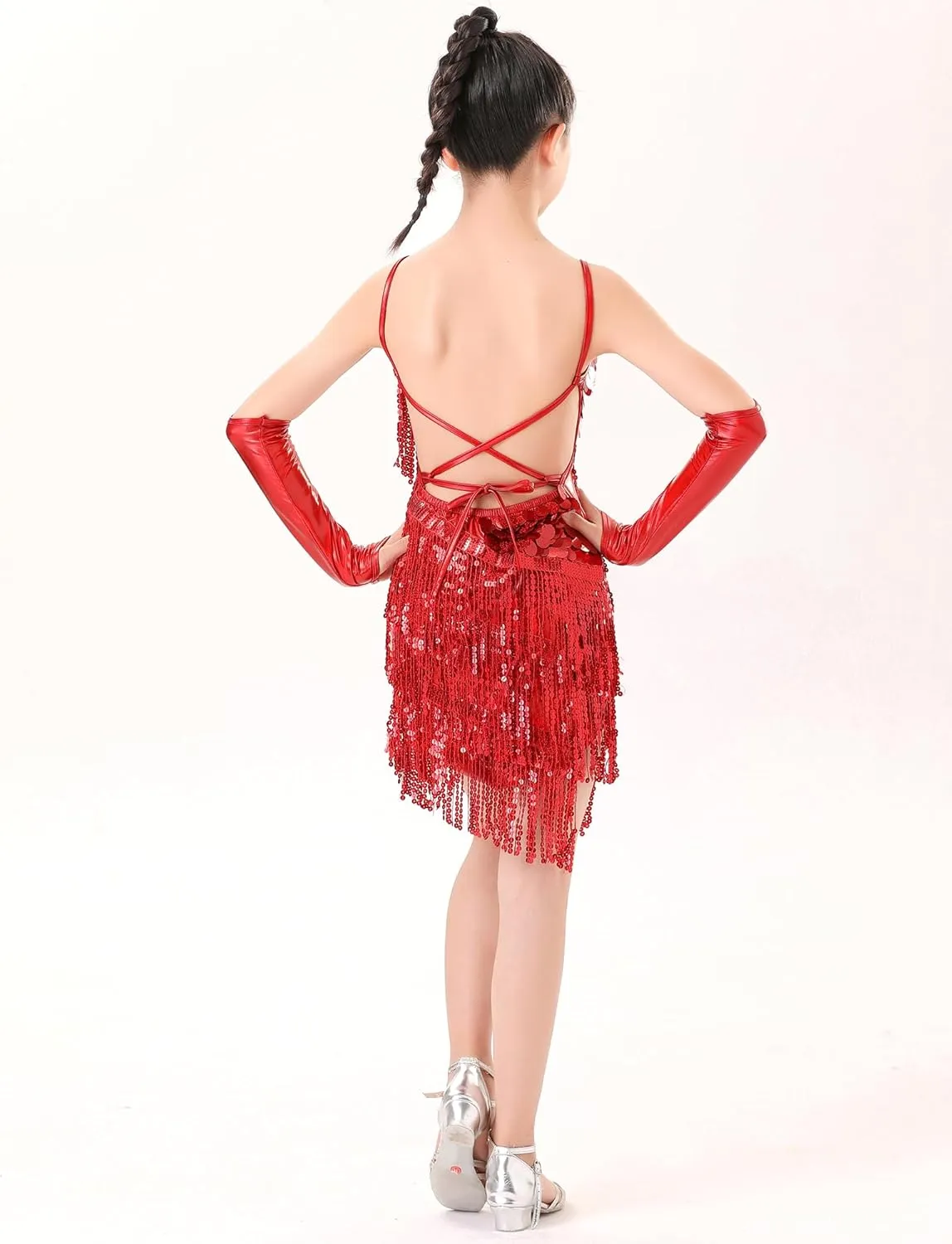 Happy Cherry Dance Costumes for Girls Sequin Fringe Latin Jazz Dance Dress with Sleeves Kids Sparkly Tassel Swift Outfit