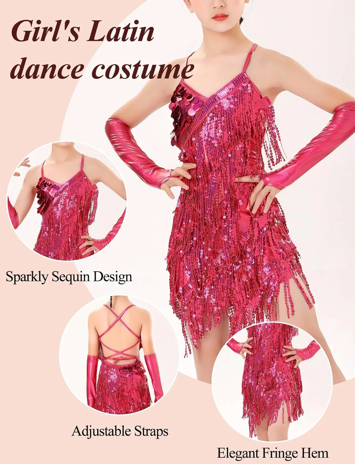 Happy Cherry Dance Costumes for Girls Sequin Fringe Latin Jazz Dance Dress with Sleeves Kids Sparkly Tassel Swift Outfit