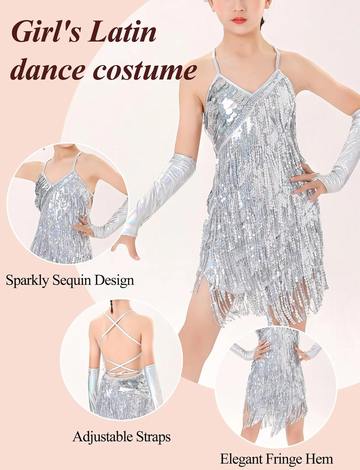 Happy Cherry Dance Costumes for Girls Sequin Fringe Latin Jazz Dance Dress with Sleeves Kids Sparkly Tassel Swift Outfit