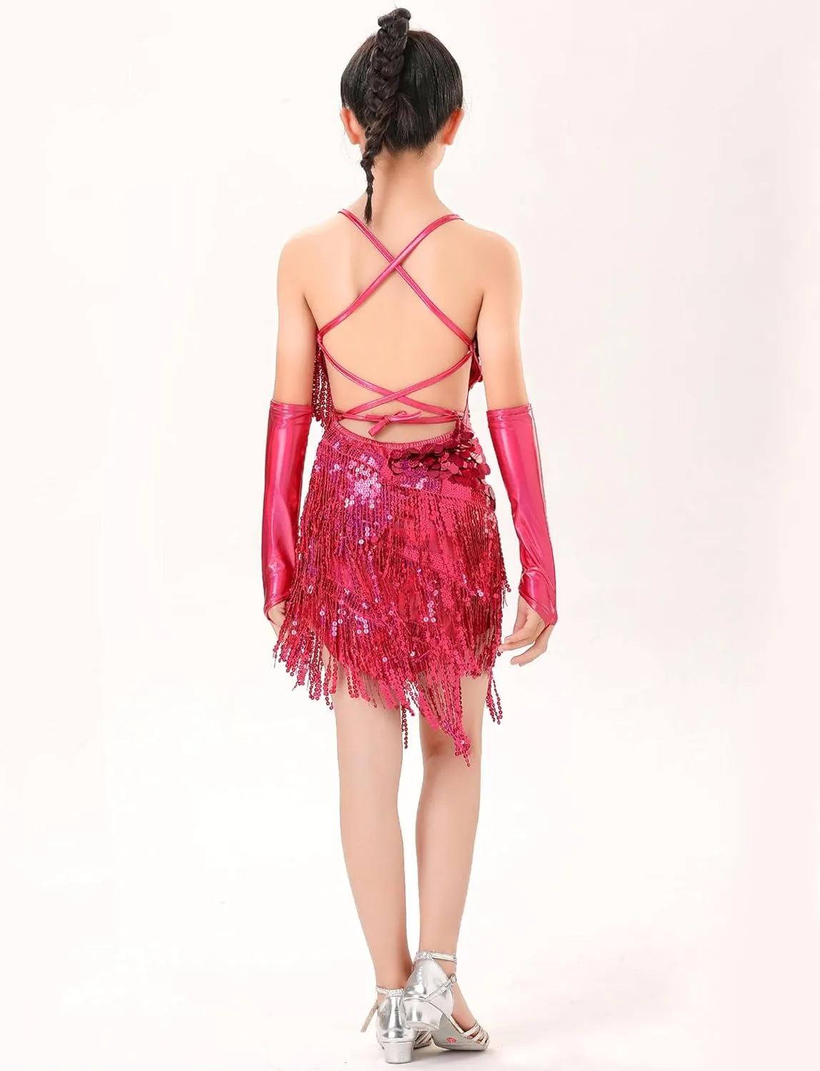 Happy Cherry Dance Costumes for Girls Sequin Fringe Latin Jazz Dance Dress with Sleeves Kids Sparkly Tassel Swift Outfit