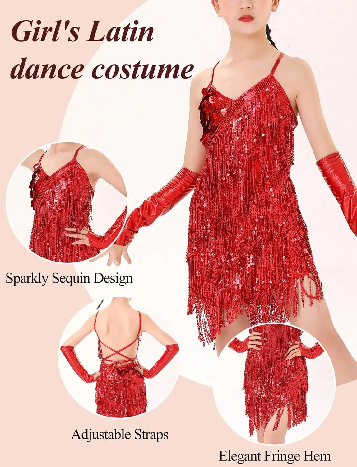 Happy Cherry Dance Costumes for Girls Sequin Fringe Latin Jazz Dance Dress with Sleeves Kids Sparkly Tassel Swift Outfit
