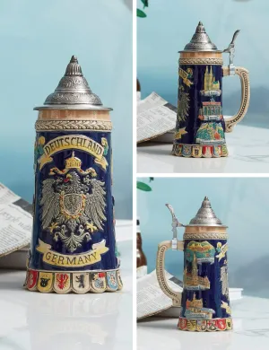 HAUCOZE Beer Stein Mug German Coats of Arms Drinking Stanley Viking Tankard with Petwer Lid for Birthday Gifts Men Father Husband 0.6 Liter
