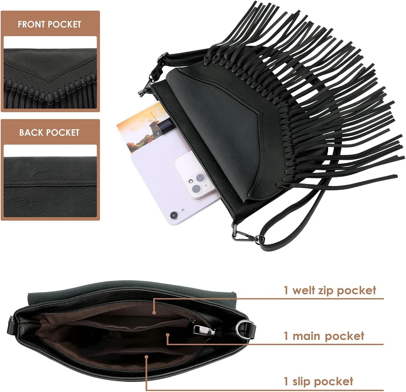 HDE Women's PU Leather Hobo Fringe Crossbody Tassel Purse Vintage Small Handbag