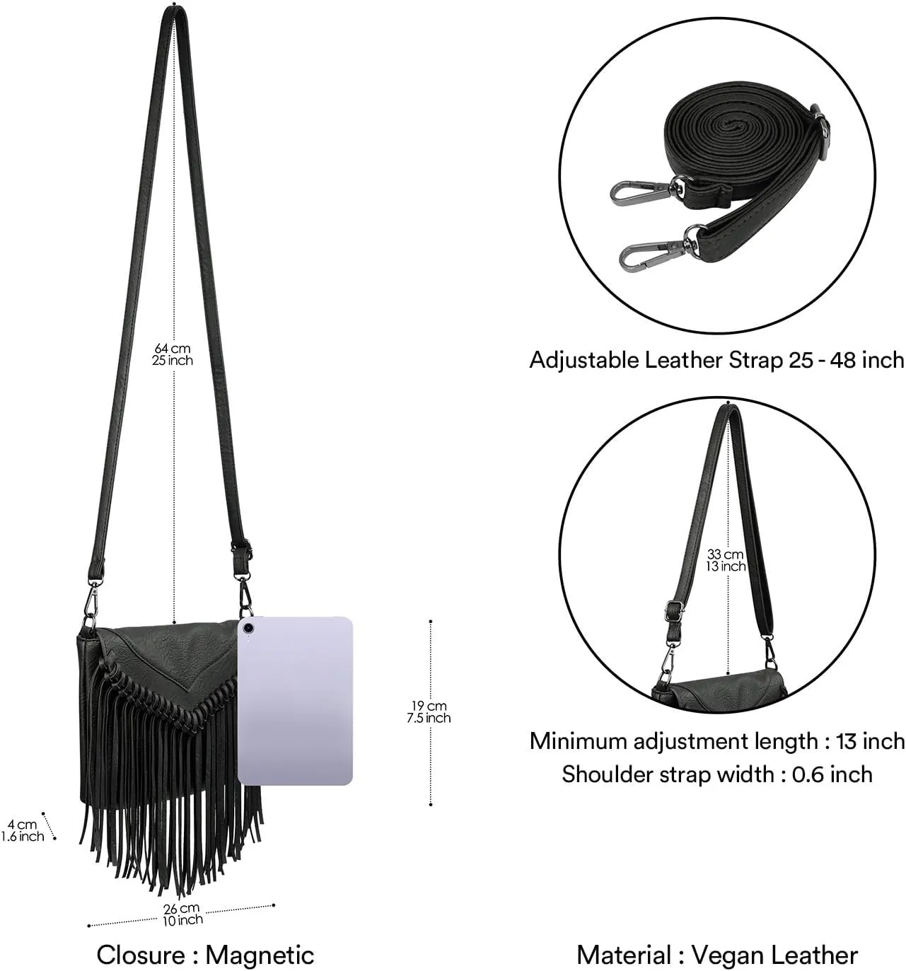 HDE Women's PU Leather Hobo Fringe Crossbody Tassel Purse Vintage Small Handbag
