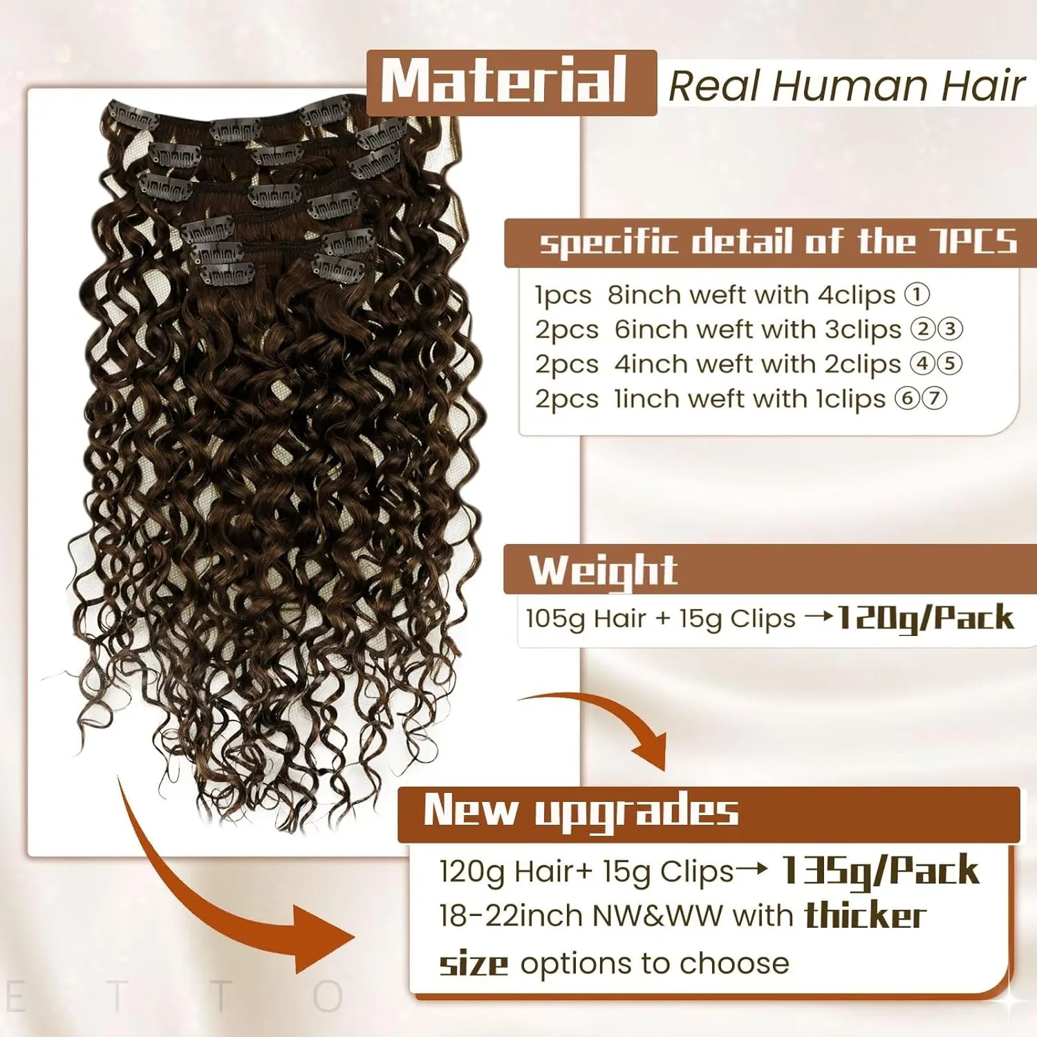 Hetto Curly Clip in Hair Extensions Curly Hair Extensions Brown Wavy Clip on Hair Extension 18 Inch #4 Chocolate Brown Natural Wave 7Pcs 120g