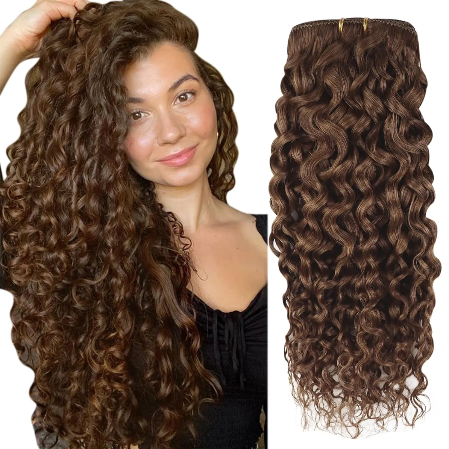 Hetto Curly Clip in Hair Extensions Curly Hair Extensions Brown Wavy Clip on Hair Extension 18 Inch #4 Chocolate Brown Natural Wave 7Pcs 120g