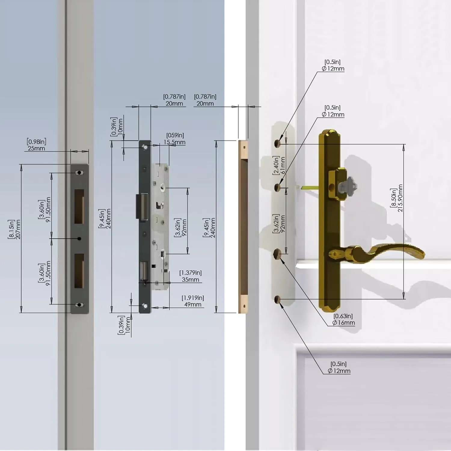Hinged Patio Door Handle System Filled with Lever Handle Mortise Lock Set Universal Left and Right Entry Doors Handle （Brushed Nickel）
