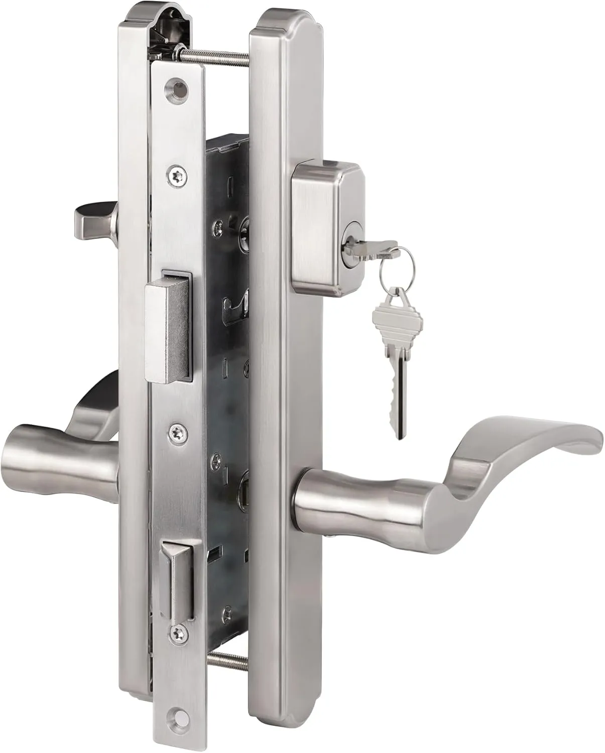 Hinged Patio Door Handle System Filled with Lever Handle Mortise Lock Set Universal Left and Right Entry Doors Handle （Brushed Nickel）