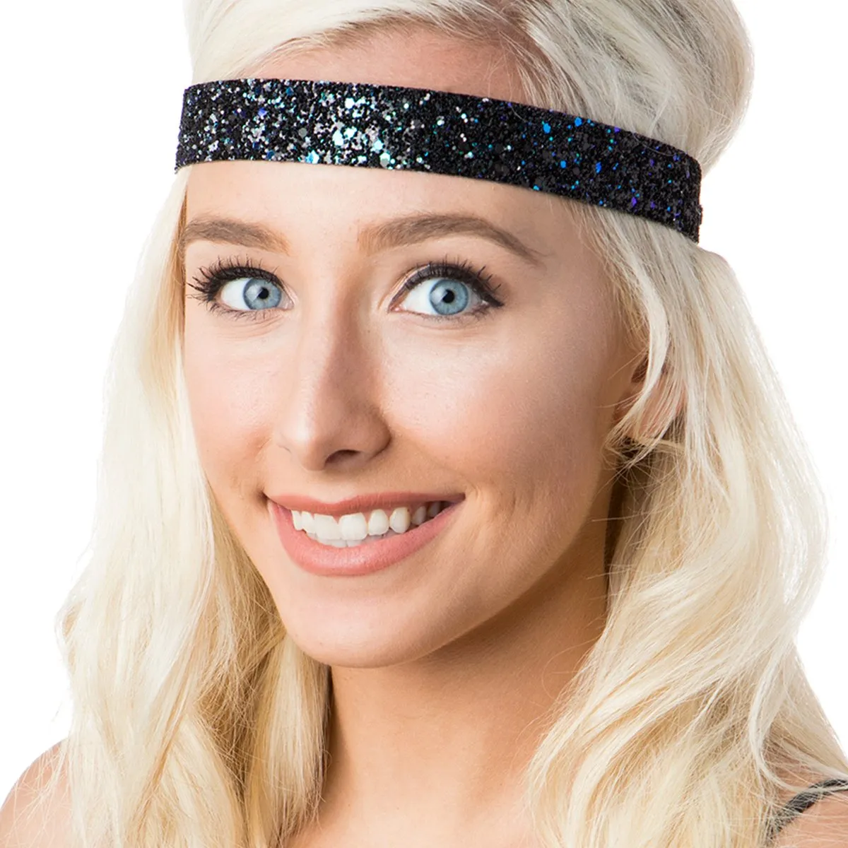 Hipsy Adjustable No Slip Wide Bling Glitter Headband 2-packs for Women Girls & Teens (Peacock & Royal Blue)