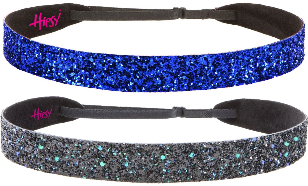 Hipsy Adjustable No Slip Wide Bling Glitter Headband 2-packs for Women Girls & Teens (Peacock & Royal Blue)