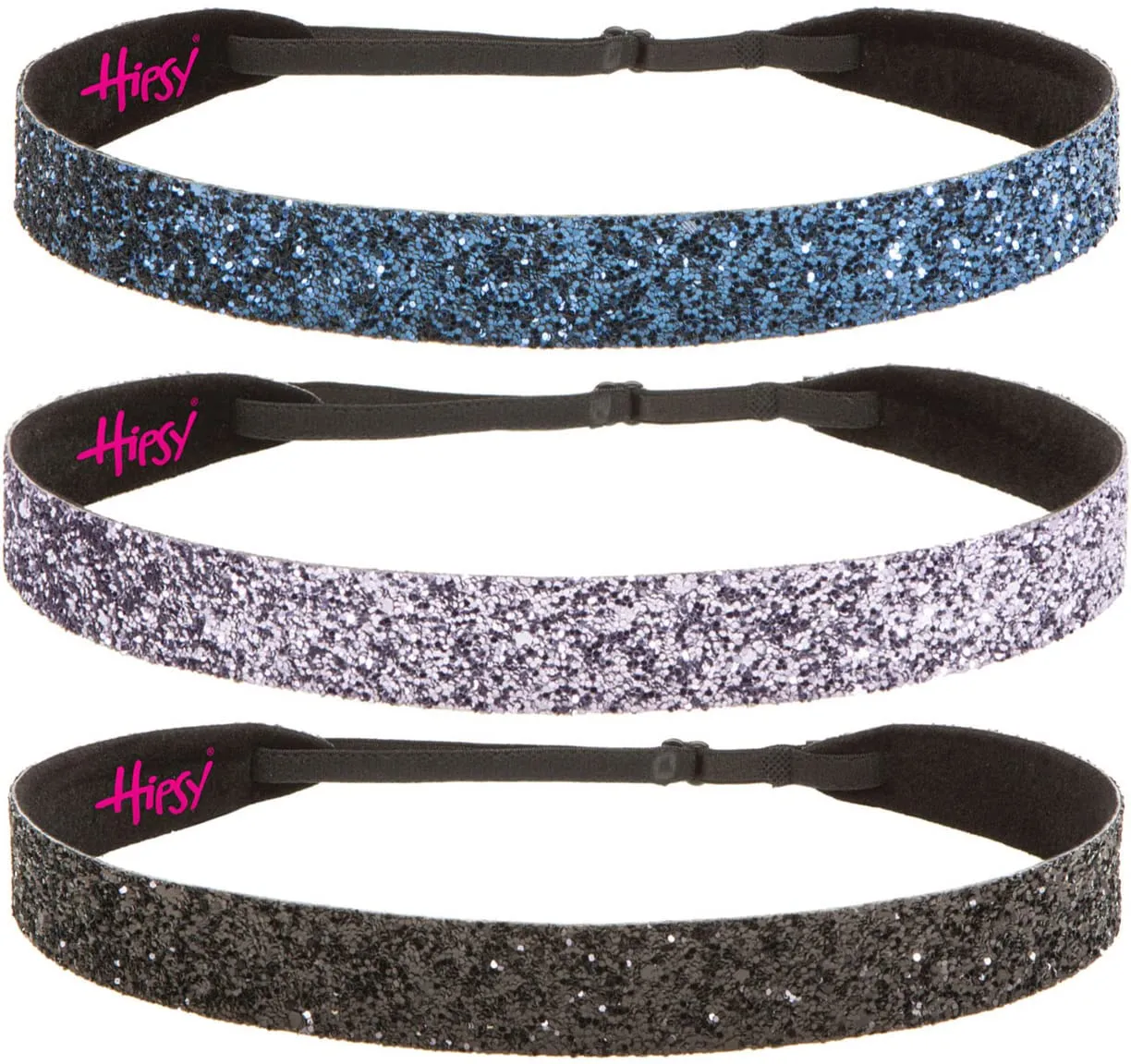 Hipsy Adjustable No Slip Wide Bling Glitter Headband 3-packs for Women Girls & Teens (Black/Gunmetal/Navy)