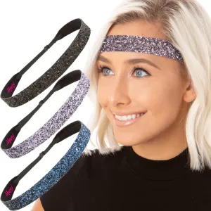 Hipsy Adjustable No Slip Wide Bling Glitter Headband 3-packs for Women Girls & Teens (Black/Gunmetal/Navy)