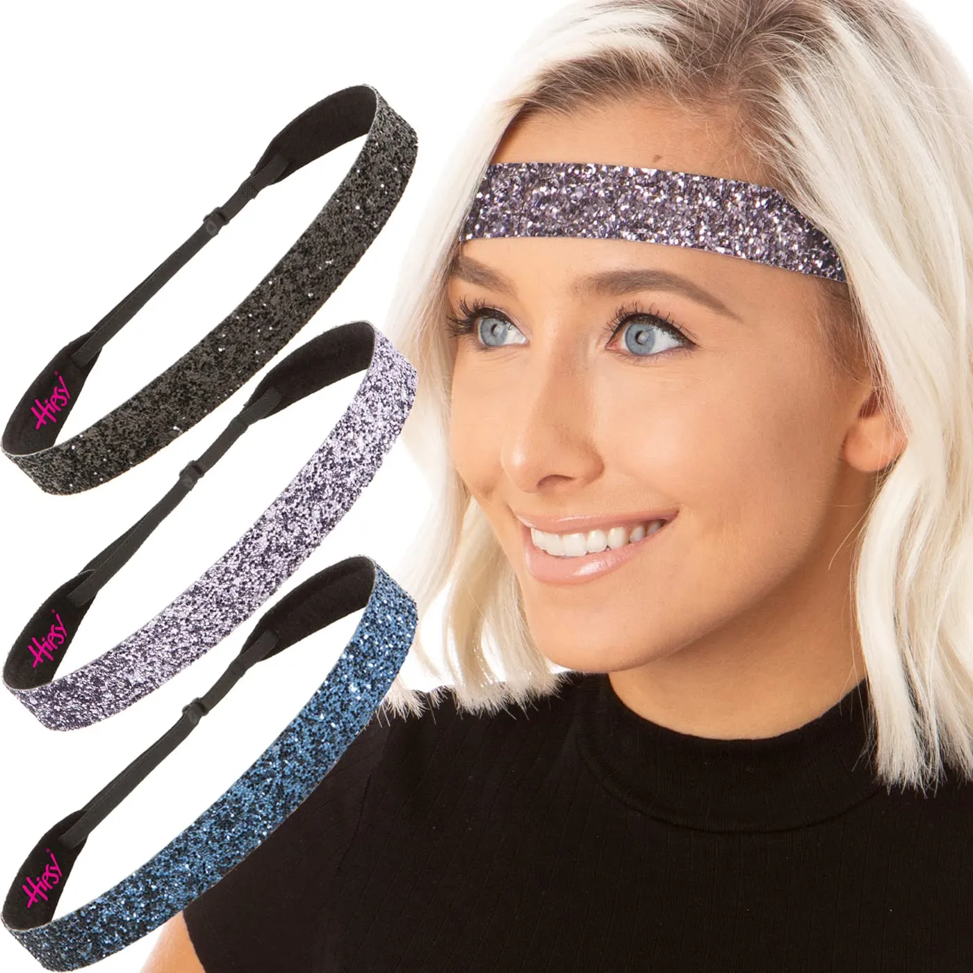 Hipsy Adjustable No Slip Wide Bling Glitter Headband 3-packs for Women Girls & Teens (Black/Gunmetal/Navy)