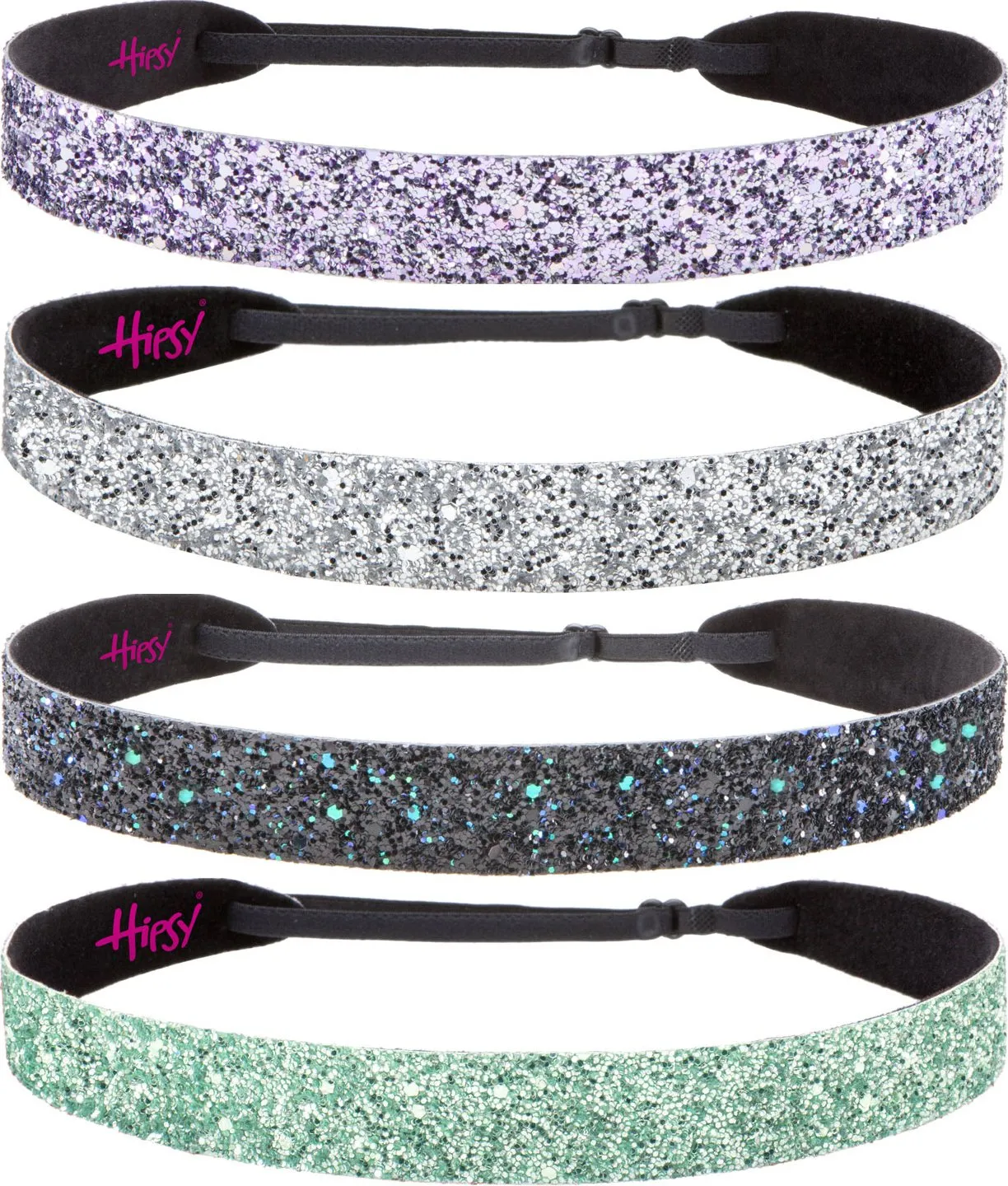 Hipsy Adjustable No Slip Wide Bling Glitter Headband 4-packs for Women Girls & Teens (Seafoam/Peacock/Silver/Princess)