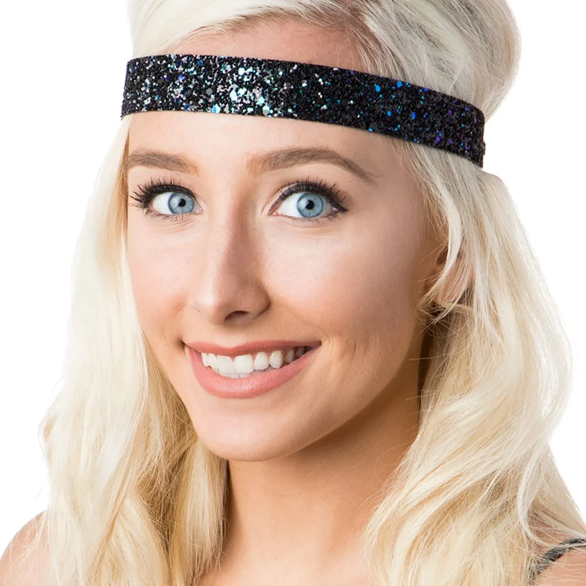 Hipsy Adjustable No Slip Wide Bling Glitter Headband 4-packs for Women Girls & Teens (Seafoam/Peacock/Silver/Princess)