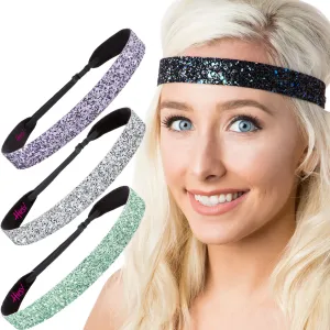 Hipsy Adjustable No Slip Wide Bling Glitter Headband 4-packs for Women Girls & Teens (Seafoam/Peacock/Silver/Princess)