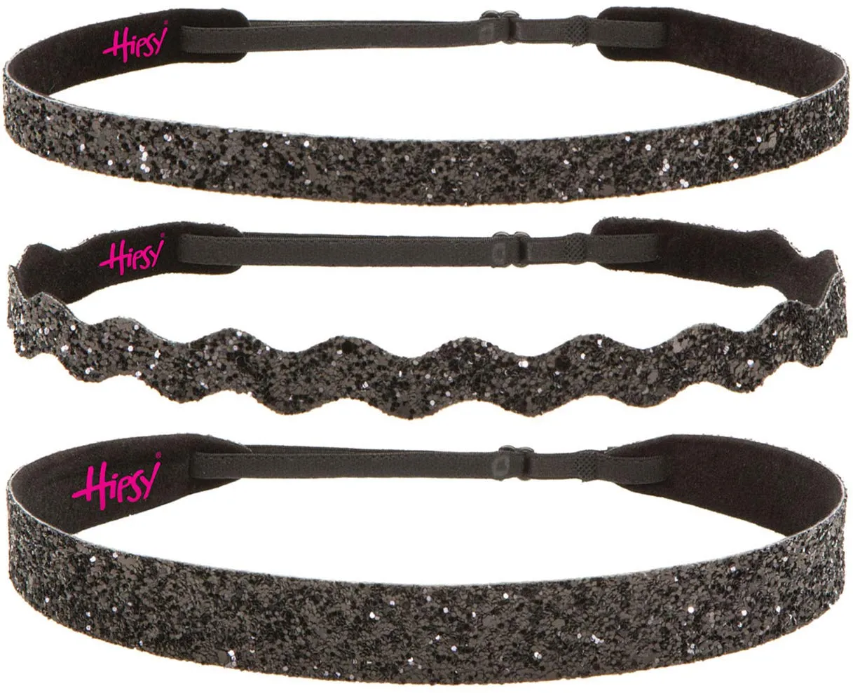 Hipsy PETITE Size, Adjustable No Slip Sparkly Bling Mixed 3pk Headbands for Women Girls & Teens (Bling Glitter Mixed Black)