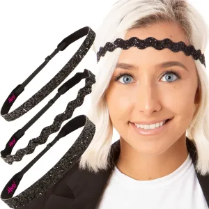 Hipsy PETITE Size, Adjustable No Slip Sparkly Bling Mixed 3pk Headbands for Women Girls & Teens (Bling Glitter Mixed Black)