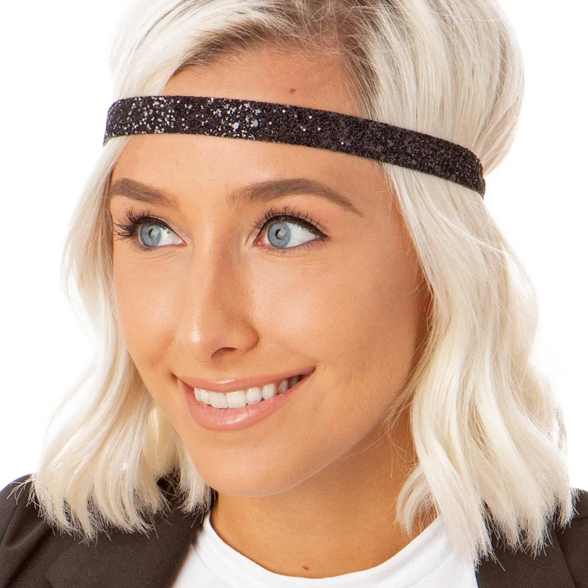 Hipsy PETITE Size, Adjustable No Slip Sparkly Bling Mixed 3pk Headbands for Women Girls & Teens (Bling Glitter Mixed Black)