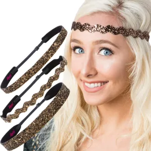 Hipsy PETITE Size, Adjustable No Slip Sparkly Bling Mixed 3pk Headbands for Women Girls & Teens (Bling Glitter Mixed Brown)