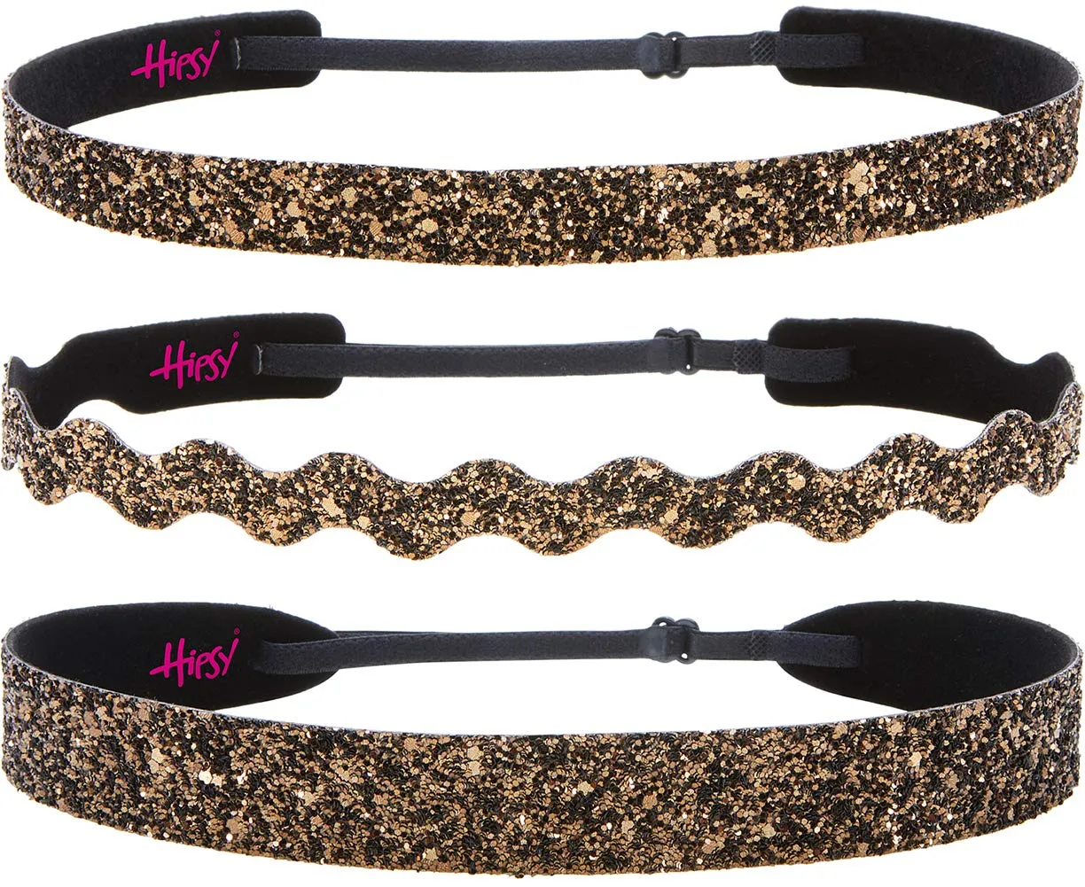 Hipsy PETITE Size, Adjustable No Slip Sparkly Bling Mixed 3pk Headbands for Women Girls & Teens (Bling Glitter Mixed Brown)